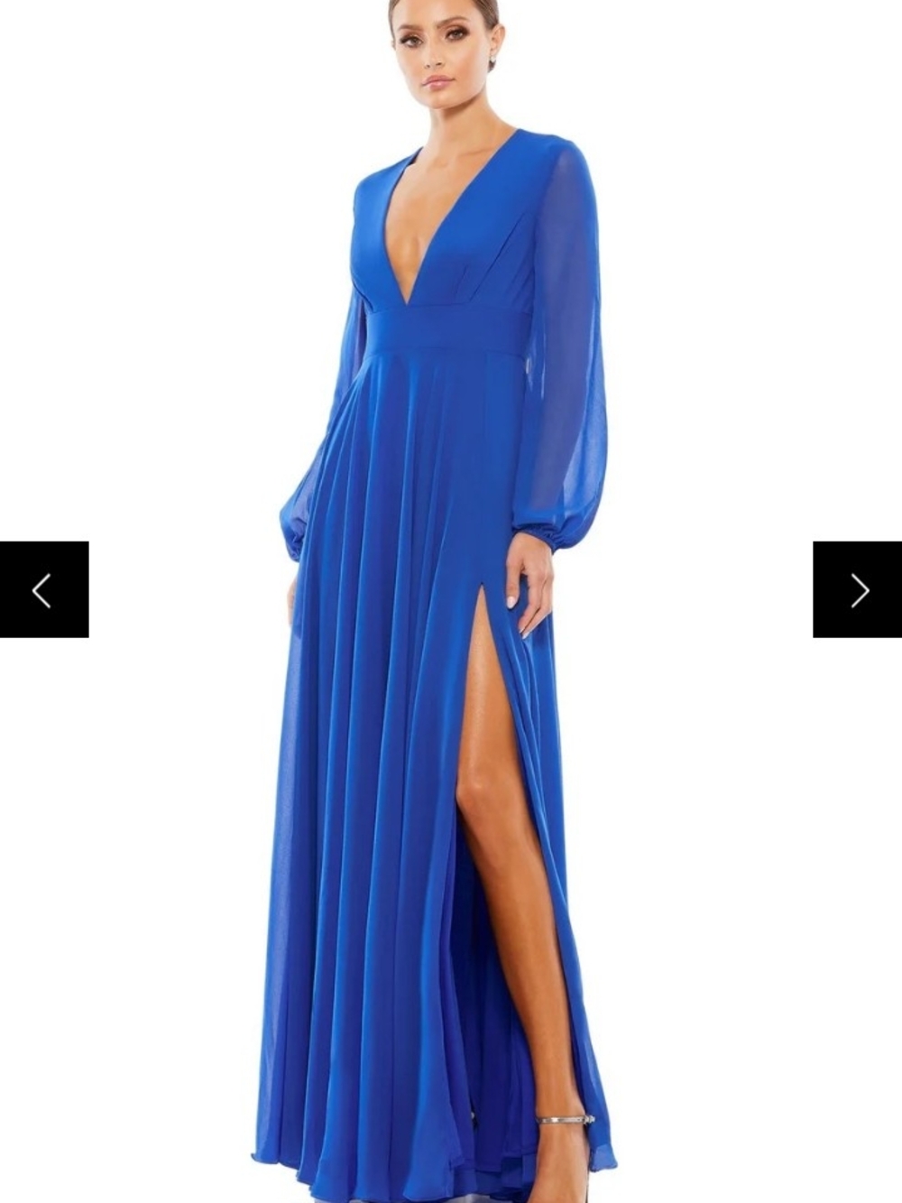 Mac Duggal Cobalt Blue Deep V Maxi Gown with Sheer Long Sleeves
